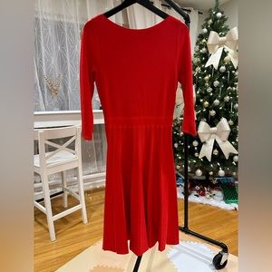 Ann Taylor Radiant Red: Pleated Skirt Dress with Three-Quarter Sleeves